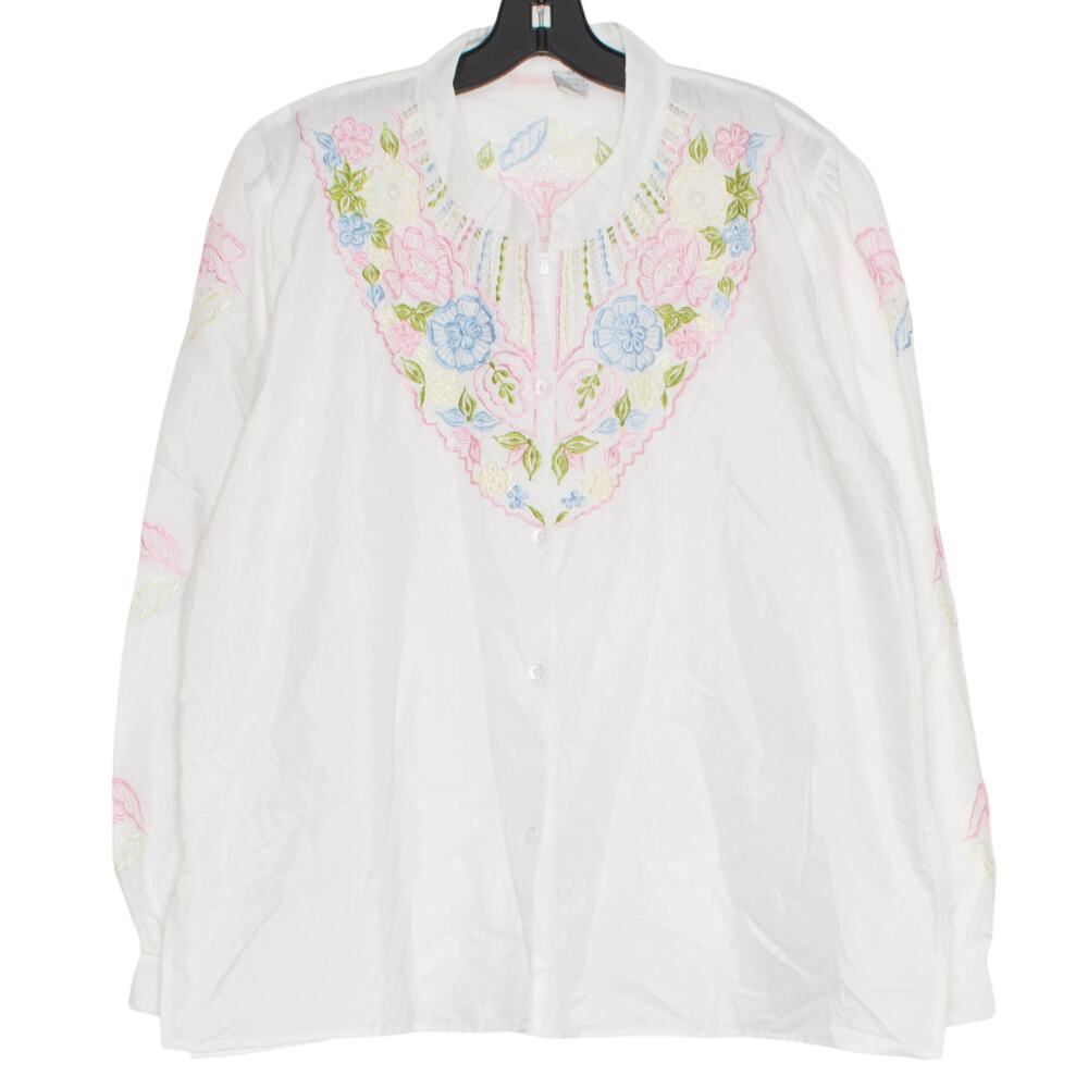 Vintage Top Cottage Coastal Grandma Boho Embroidered Floral Button Up White 2X
